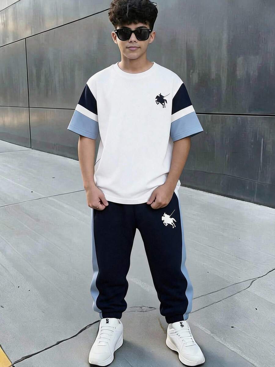 SHEIN 2件組青少年男孩印花圓領寬鬆短袖T恤直筒對比針織長褲