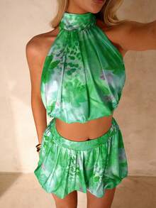 SHEIN Glamour 綠色熱帶葉子印花掛脖短版上衣與泡泡短褲套裝，女款兩件式海灘穿搭 - 彩色 - 查看 5