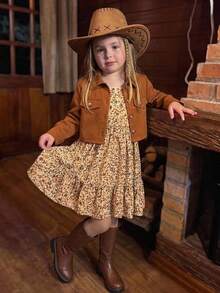 Emery Rose Kids 2pcs Young Girl Ditsy Floral Camisole Dress & Solid Color Cardigan Set - Khaki - View 1
