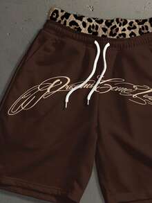 StoneGrade Men's Letter Print Leopard Print Patchwork Double Layer Waist Shorts - Brown - View 2