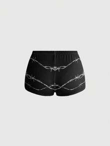 ROMWE Dark Gothic Punk Thorn Print Fitted Cami Top & Ultra Low Waist Mini Shorts 2 Pieces Set - Black - View 6