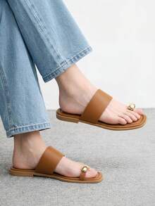 CUCCOO BIZCHIC Women Shoes Multi-Colored Leather Metal Finger Buckle Square Toe Flat Bottom Fresh Casual Style Suitable For Daily Travel Beach Wear - Brown - View 1