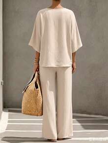 SHEIN Holidaya Women's Beige Side Button Top & Wide Leg Pants Two Pieces Set, Loose Casual Outfit For Spring Summer - Apricot - View 2