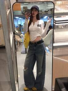 DAZY Women's Round Neck Letter Korean Style Solid Color Long Sleeve Spring Summer T-Shirt - White - View 8
