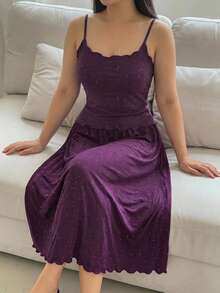 Dazy Plus 2pcs Set Charming Lace Patchwork Sleeveless Camisole Long Skirt Pajama Set - Violet Purple - View 4