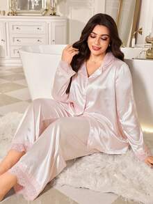 MuseNap CURVE Solid Color Contrast Lace Front Button Lapel Long Sleeve Pants Plus Size Women's Pajama Set - Baby Pink - View 1