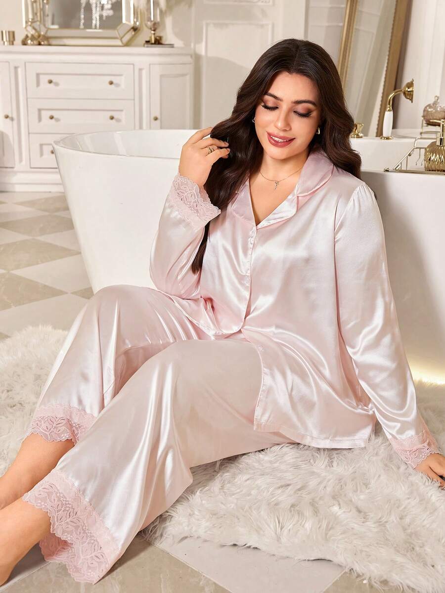 MuseNap CURVE Solid Color Contrast Lace Front Button Lapel Long Sleeve Pants Plus Size Women's Pajama Set - Baby Pink - View 1