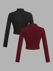 SHEIN Girlism 青少年女孩簡約休閒彈性前拉鍊立領修身長袖上衣 - 彩色 - 查看 2