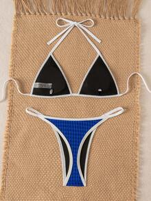 Costavie Bonvoyette Summer Beach Edging Texture Deep V Cold Shoulder Sexy Bikini Swimwear Set - Blue - View 4