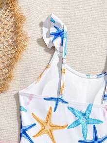 SHEIN Tween女孩 2件組 海星印花泳衣套裝，含1件泳衣與罩衫裙，白色夏季可愛泳池派對度假泳裝，粉藍色 - 彩色 - 查看 4