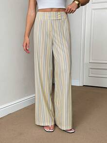 SHEIN Tall Women's Waist Button Design Striped Straight Leg Loose Fit Long Pants - Yellow - View 6