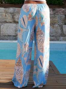 Yess Loren Pantaloni da donna larghi con stampa vacanze estivi - celeste - Visualizzare 2
