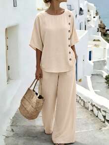 SHEIN Holidaya Women's Beige Side Button Top & Wide Leg Pants Two Pieces Set, Loose Casual Outfit For Spring Summer - Apricot - View 3