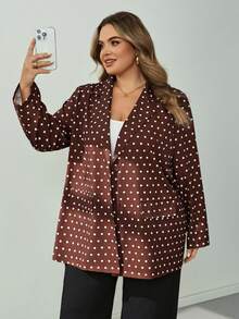SHEIN CURVE+ 大尺碼時尚優雅波點印花鈕扣長袖西裝外套 - 棕色 - 查看 6