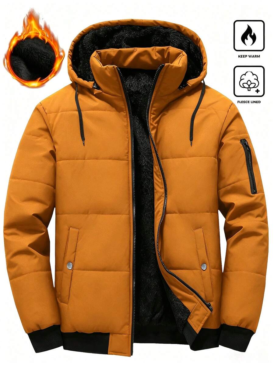 Manfinity Homme Men's Solid Color Drawstring Hooded Zip-Up Casual Daily Winter Padded Coat - Pale Yellow - View 1