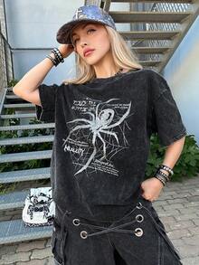 Grunge Punk ROMWE X Lorella 女款復古做舊蜘蛛標語印花雪洗短袖T恤，適合嘻哈街頭風與音樂節，DON'T TOUCH THE BOTTOM LINE，校園，中性款 - 黑色 - 查看 1
