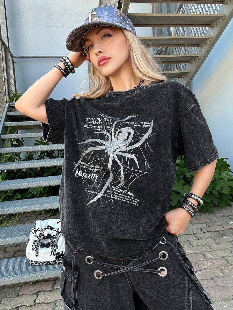 Grunge Punk ROMWE X Lorella 女款復古做舊蜘蛛標語印花雪洗短袖T恤,適合嘻哈街頭風與音樂節,DON'T TOUCH THE BOTTOM LINE,校園,中性款 - 黑色 - 查看 1