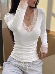 INAWLY Women's Lace Patchwork Pleated Fitted Versatile Casual Daily Top - White - View 1