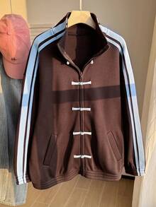 Comfortcana Plus Size Women's Casual Vintage American Style Brown Thin Jacket With Frog Buttons, Suitable For Daily Wear Fall - Brown - View 3