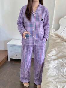 Dazy Plus Plaid Loose Pajama Set, Sleepwear, Loungewear, All Season - Purple - View 2