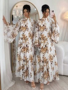 Rafferiza 女款阿拉伯風紗麗印花幾何水波紋白色與棕色寬鬆立領喇叭袖保守 A 字長裙秋季 - 黃色 - 查看 5