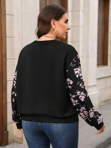 EMERY ROSE Plus Size Women's Patchwork Floral Print Crew Neck Long Sleeve Casual Sweatshirt Fall - Black - View 5