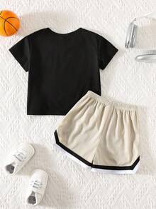 SHEIN 2pcs/Set Baby Boy Cute Summer Sports Cartoon Graphic Short Sleeve Loose T-Shirt&Elastic Waist Color Block Letter Print Shorts Set Streetwear - Multicolor - View 2