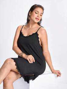 Slumbrini Plus Contrast Lace Split Hem Cami Pajama Nightdress Halloween Lingerie - Black - View 9