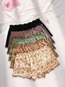 PetitDoll paquete de 5 bragas tipo short cómodos de algodón acanalado con estampado floral y ribete de volantes - Multicolor - Ver 2