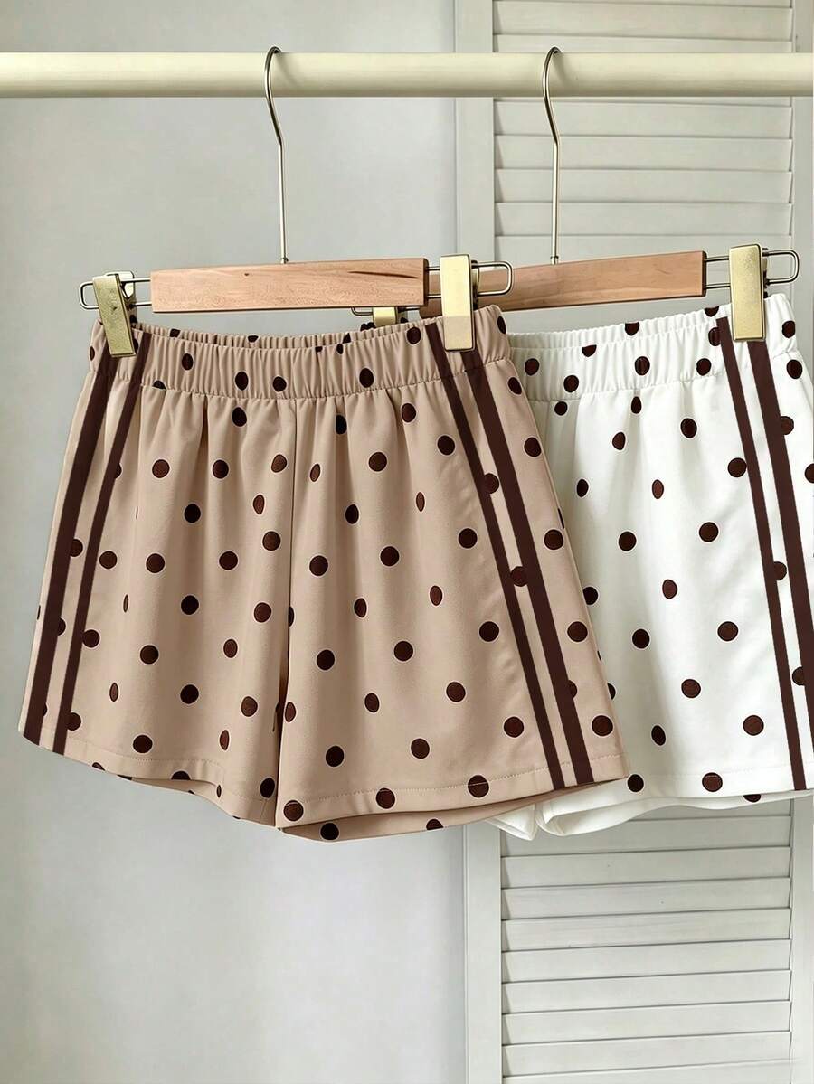 Tween Girl Elastic Waist Polka Dot Print Casual Shorts - Multicolor - View 1