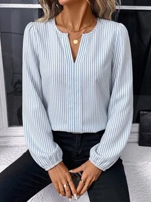 SHEIN LUNE 休閒簡約藍色條紋滿版印花女款襯衫，適合春秋穿著 - 彩色 - 查看 4