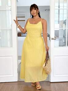 GalTyme Plus Size Women's Solid Color Cowl Neck Elegant Cami Dress For Vacation - Light Yellow - View 6