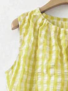 Linhara Plus Size Women Plaid Round Neck Casual Versatile Daily Wear Top - Yellow - View 4