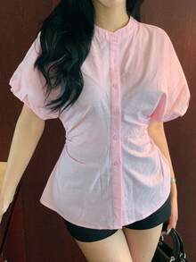 Livesso Blus Wanita Gaya Manis dan Segar, Bahan Pink, Kerah Tegak, Lengan Pendek Mengembang, Pinggang Terikat, Kancing Depan - Putih - View 5