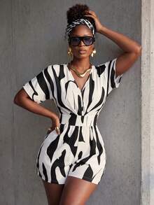 BamGlimmer Randomly Selected Allover Printed Batwing Sleeve Belted Romper For Summer - Black and White - View 7