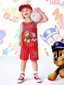 SHEIN | PAW Patrol 小男孩圓領拼色條紋字母卡通印花T恤與短褲休閒日常套裝 - 紅色 - 查看 3