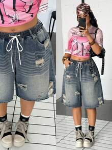 Jeanoix Y2K Casual Plus Size Women's Non-Stretch Denim Shorts, Elastic Waist Design, Distressed Washed Ripped High Street Bermuda Cowboy Outfits Blue Summer - Light Wash - View 1