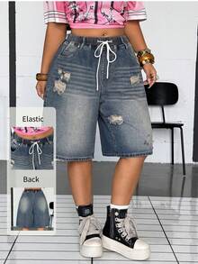 Jeanoix Y2K Casual Plus Size Women's Non-Stretch Denim Shorts, Elastic Waist Design, Distressed Washed Ripped High Street Bermuda Cowboy Outfits Blue Summer - Light Wash - View 7