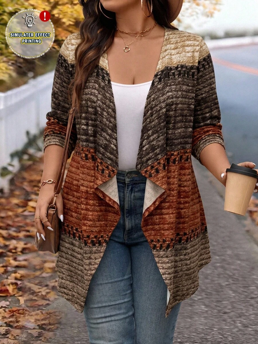 Rosumi Chaqueta casual retro de patchwork con bloques de color para tallas grandes - Multicolor - Ver 1