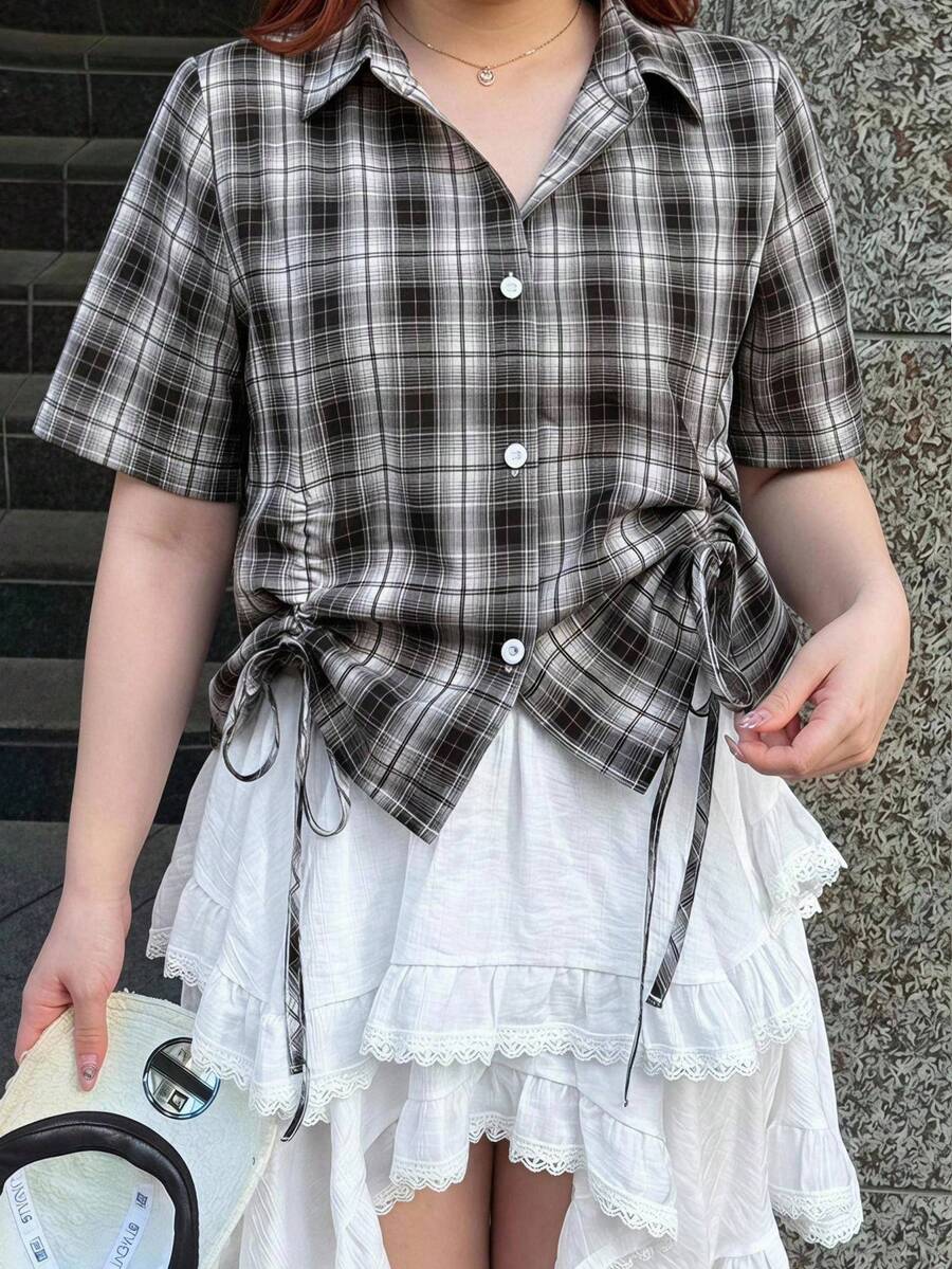 Dazy Plus New Plaid Drawstring Tie Bow Casual Versatile Spring Summer Autumn Shirt Cute Tops - Black - View 1