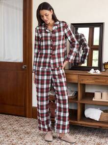 Doze Lane Women's Plaid Lapel Comfortable Casual Classy Loose Long Sleeve Pants Pajama Set, 2 Pieces Lounge Sleep All White Plaid Autumn - Multicolor - View 7