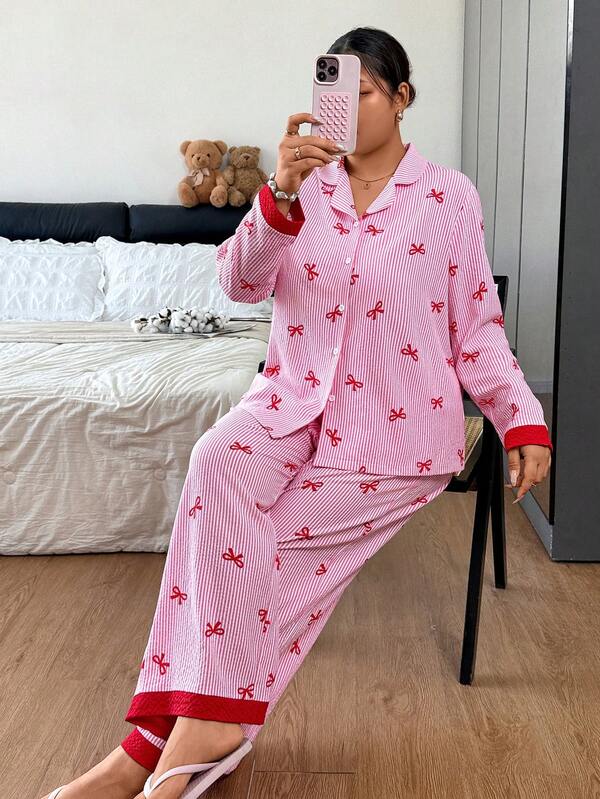 Napfluff CURVE Napfluff CURVE Women's Plus Size Loose Cute Contrast Color Lapel Striped Bow Print Long Sleeve Long Pants Pajama Set