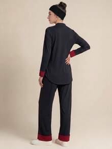 With My Calm With My Calm Athletic Modest Sweatpants, Wide Leg Pants, Training Running Fitness Casual Style, Loose Fit, Color Block Design Gym Dark Red Summer - Black - View 3