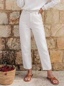 EMERY ROSE Celana Jeans Wanita Musim Panas Model Paperbag Pinggang Lurus Warna Putih Polos Kasual untuk Sehari-hari - Putih - View 3