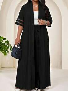 SHEIN Lady Plus Size Mesh Patchwork Cardigan And Drawstring Waist Textured Pants 2 Pieces Set - Black - View 3