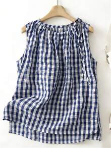 Linhara Plus Size Women Vacation Casual Style Printed Tank Top, Spring/Summer - Navy Blue - View 1
