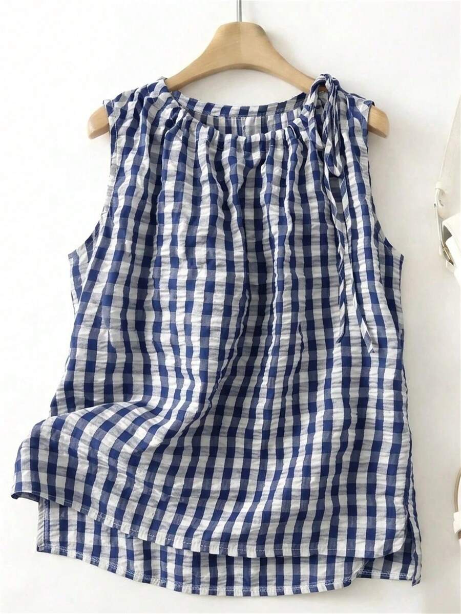 Linhara Plus Size Women Vacation Casual Style Printed Tank Top, Spring/Summer - Navy Blue - View 1