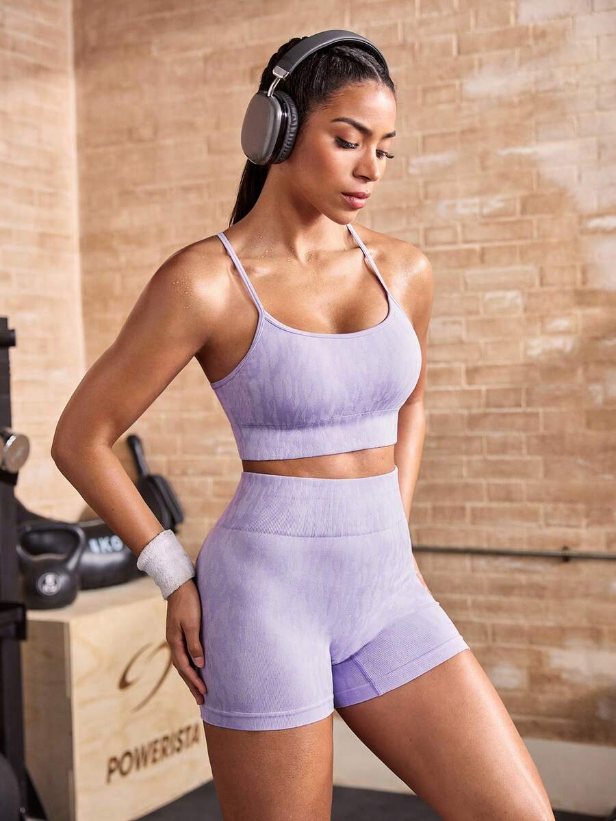 Powerista 女款極簡內衣與修身短褲運動套裝 紫色無縫健身訓練運動跑步休閒健身房露背休閒時尚 - 淡紫色 - 查看 1
