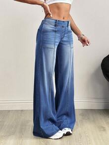 Flexra Plus Size Fashionable Medium Blue Washed Wide Leg Jeans - Medium Wash - View 7