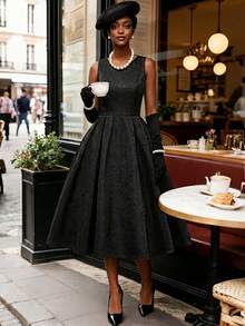 SHEIN Lunessa Women's Elegant Jacquard Sleeveless Midi Dress - Black - View 4
